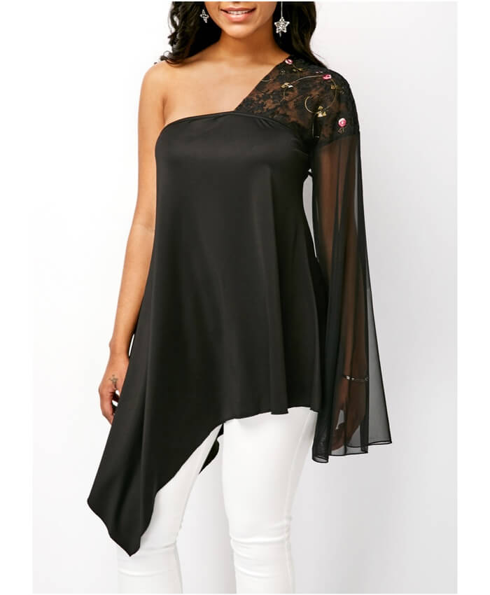 Asymmetric Hem One Shoulder Long Sleeve Blouse